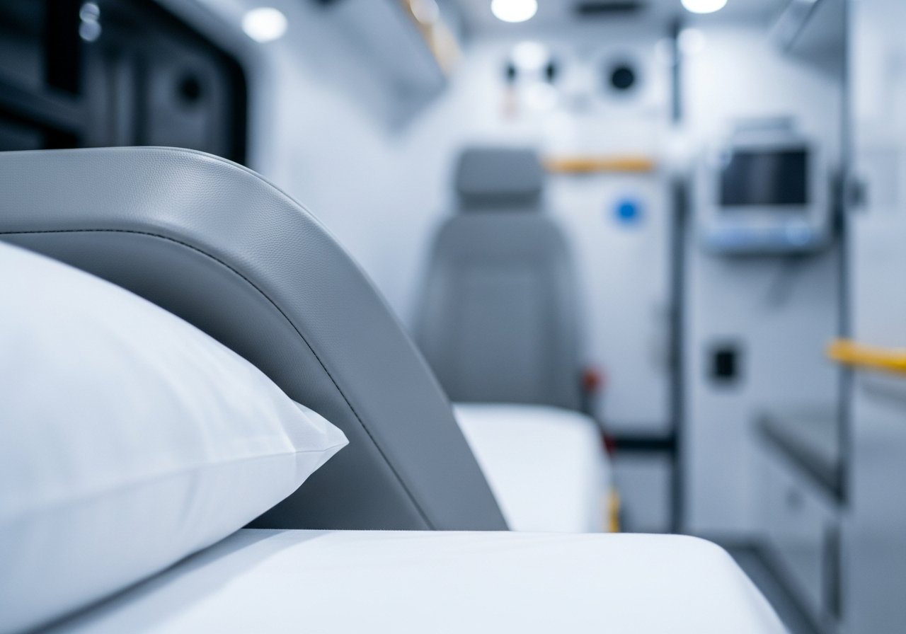Un équipement adapté et un environnement maîtrisé garantissent le confort du patient en ambulance durant tout le trajet.