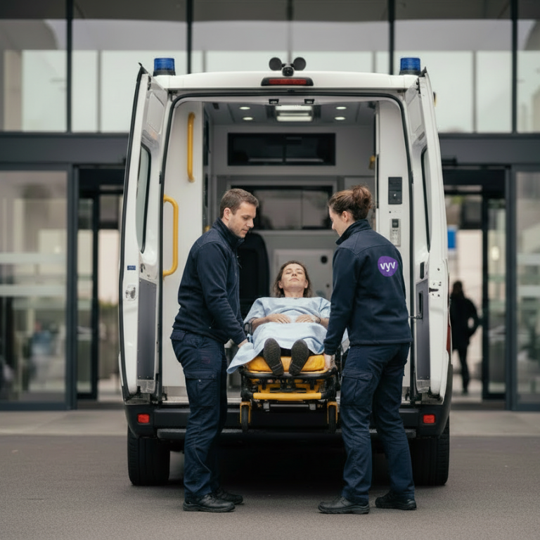 Ambulanciers devant hôpital
